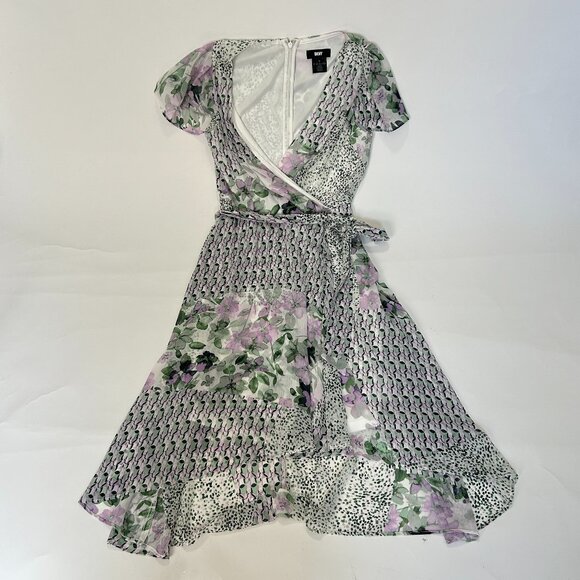DKNY Womens size 6p Floral Printed Short Sleeves Faux Lined High low Wrap Dress - Picture 1 of 16